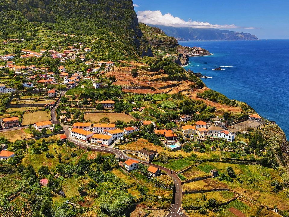 Aerial perspective of the precipitous shoreline and basalt coastline at Entrosa