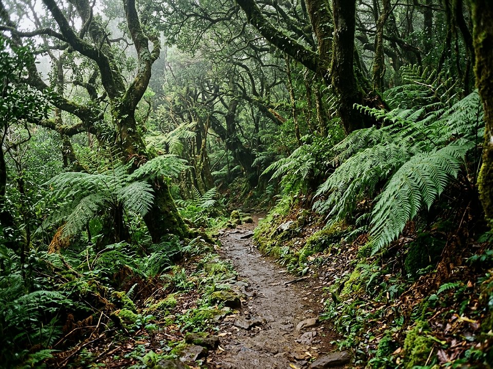 Moss-covered ancient Til trees and giant ferns along the forestry track at Boca das Voltas