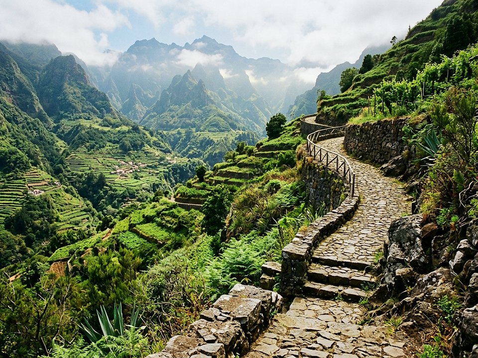 Hand-laid basalt cobblestones winding along the terraced valley amphitheater of Boaventura