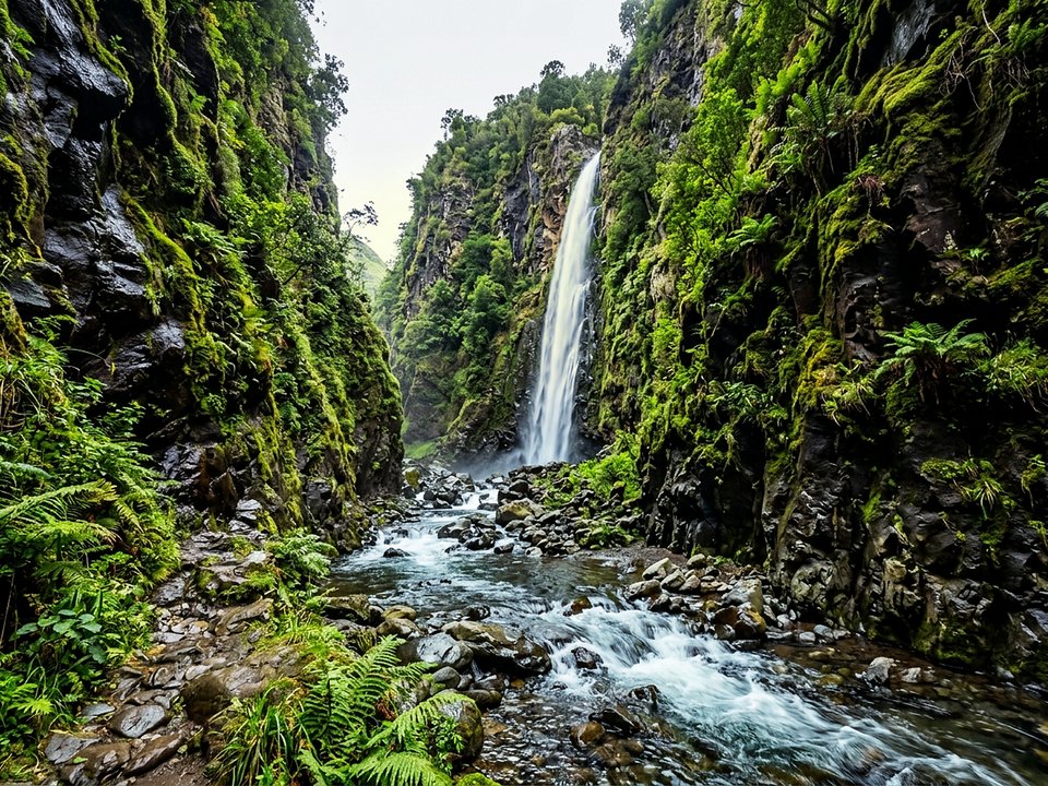Rushing freshwater stream and sheer mossy canyon walls at Cascata de Água d'Alto