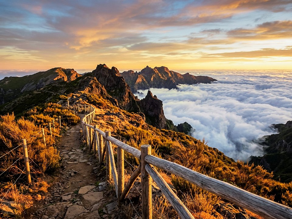 Sweeping cloud inversion and volcanic peaks viewed from the high-altitude plateau at Bica da Cana