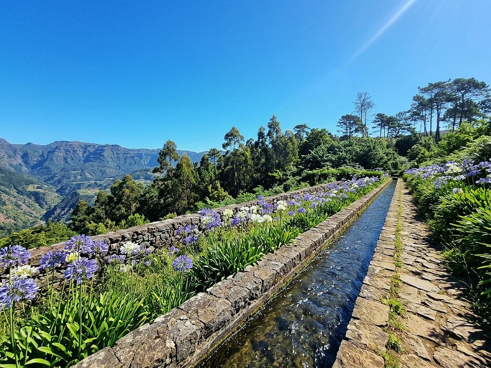 Sunlit levada path overlooking the Atlantic in southwestern Madeira