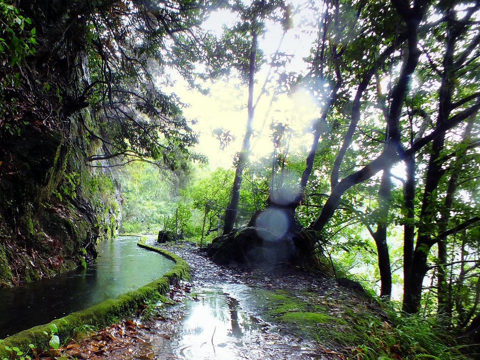 Contouring irrigation conduit of Levada da Ribeira da Janela approaching Câmara de Carga da Central da Ribeira da Janela in Porto Moniz