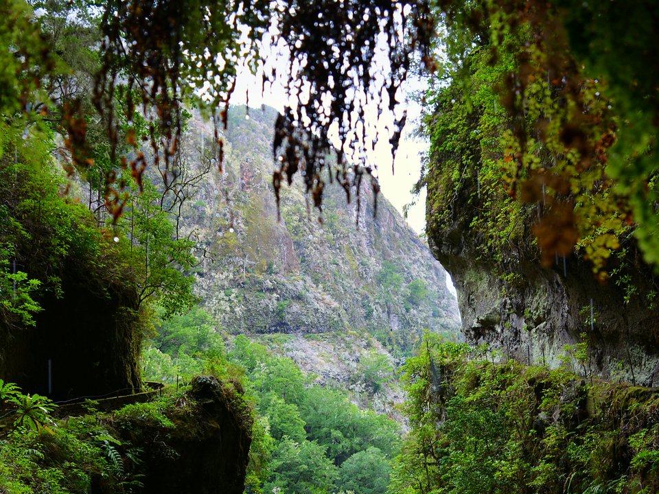 Contouring irrigation conduit of Levada da Serra do Faial approaching Caminho do Meio / Choupana, Funchal in Santa Cruz