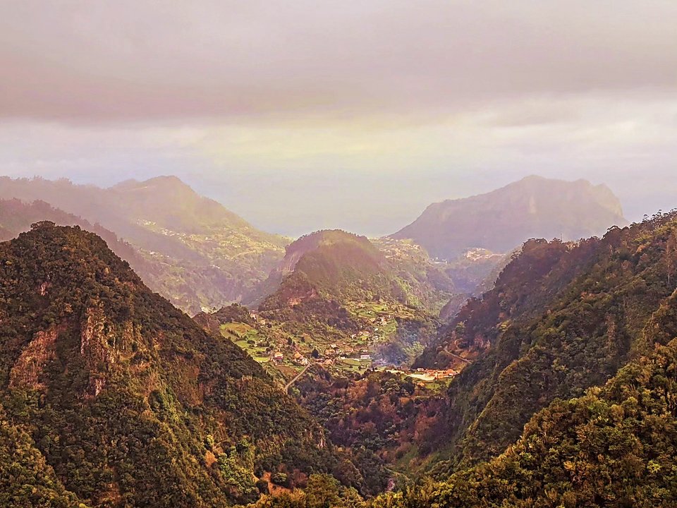 Peaceful water channel and lush laurel forest vegetation along Levada de Baixo in São Roque do Faial