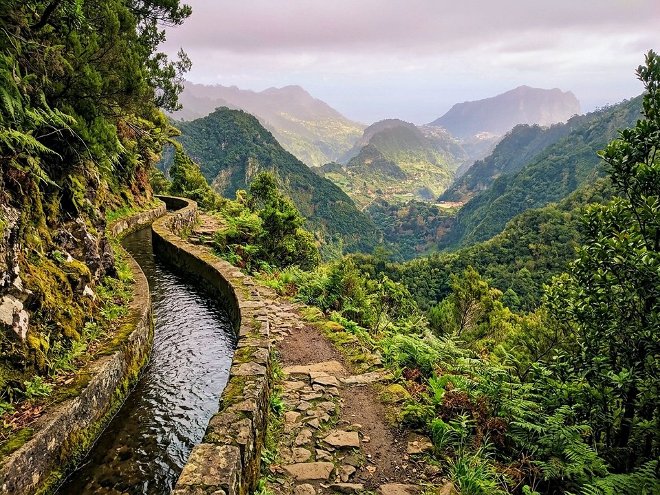Stone footpath winding through dense ferns and river valley scenery along Vereda do Lombo Grande