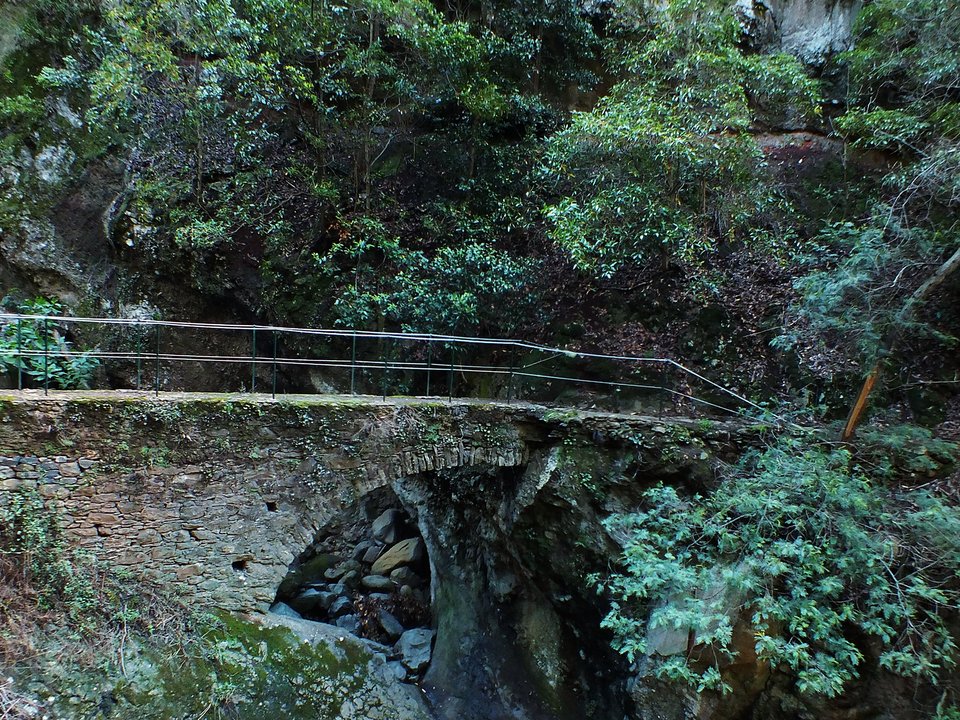 Shaded watercourse bench along the 3.5 km / 6.2 km alignment of Levada do Bom Sucesso between Ribeira de João Gomes and Caminho do Palheiro, Bom Sucesso