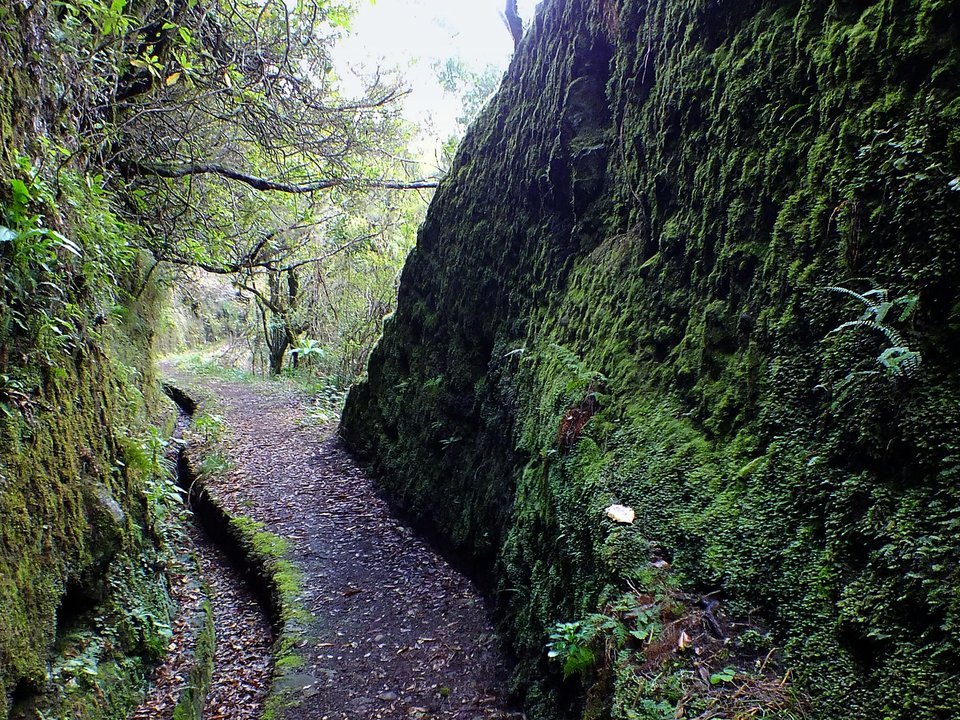 Contouring irrigation conduit of Levada do Inferno approaching Levada do Norte in São Vicente
