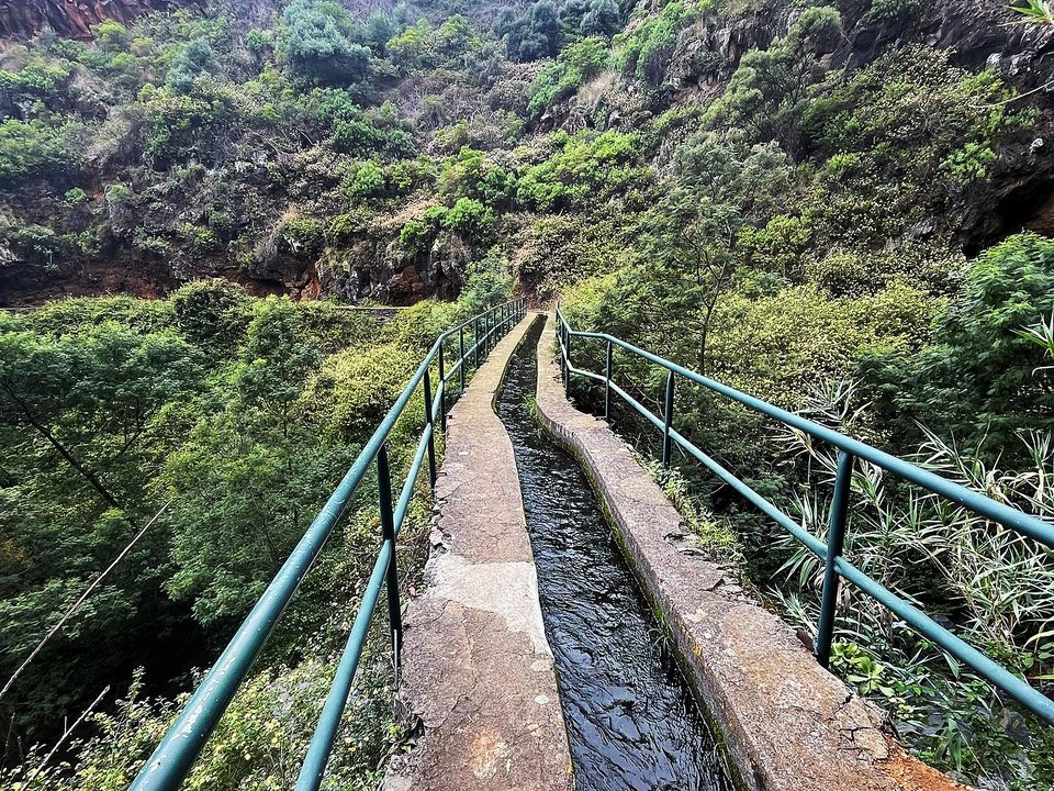 Historic urban levada winding through subtropical banana plantations in western Funchal
