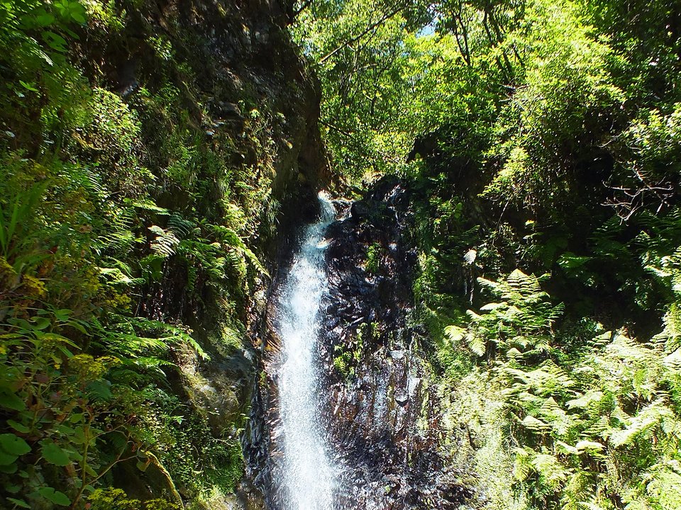 Compensation reservoir where water turbinated at the Fajã da Nogueira hydroelectric power station enters Levada dos Tornos
