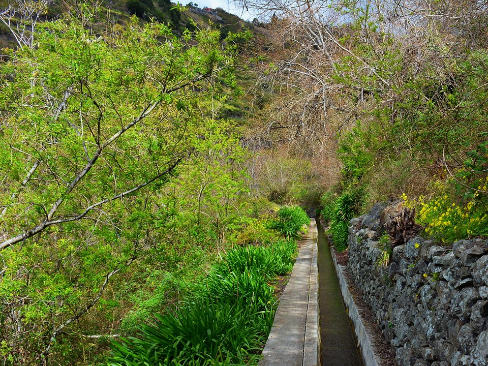 Levada dos Zimbreiros contouring across the Ribeira da Caixa valley between Ponta do Sol and Ribeira Brava