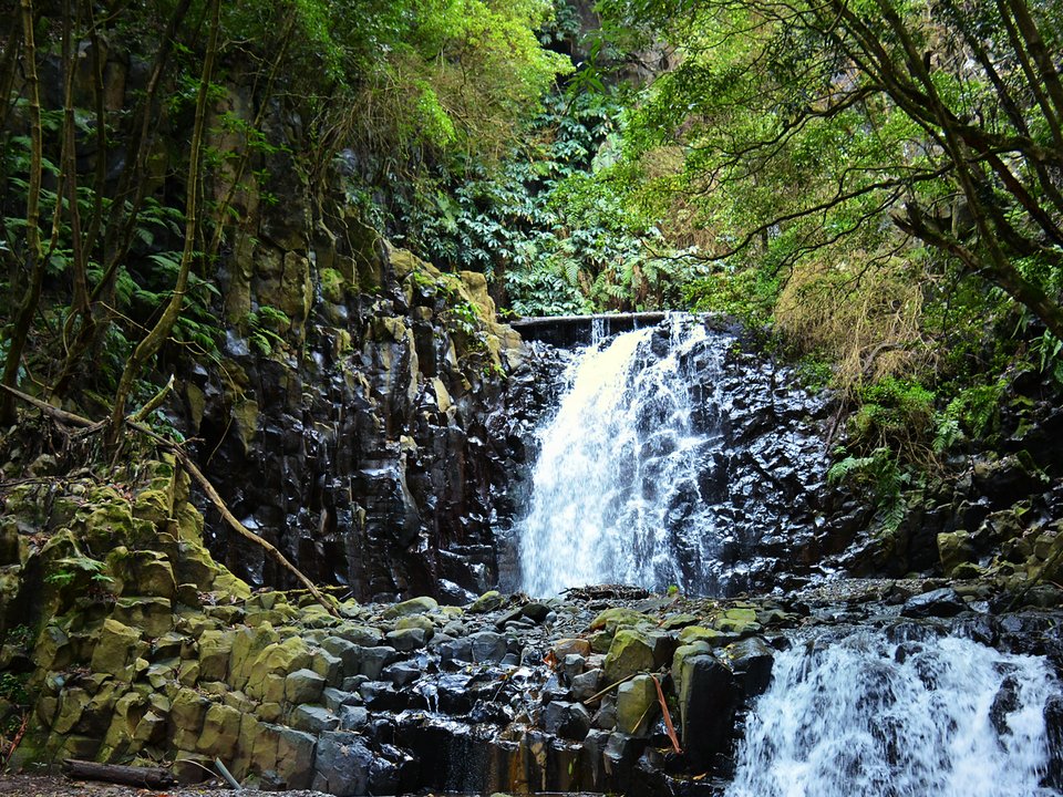 Masonry water channel and inspection path of Levada Nova de Santa Cruz near Ribeira de Santa Cruz
