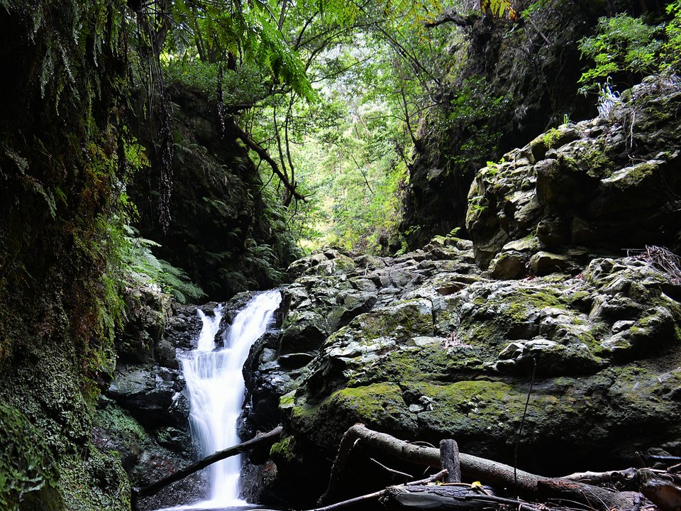 Masonry water channel and inspection path of Levada Nova do Arco da Calheta near Central Hidroelétrica da Calheta in Ponta do Sol