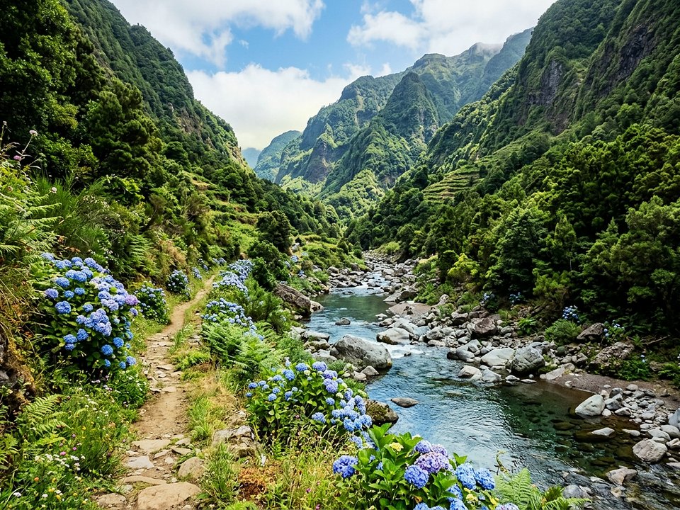 Mountain hiking path along the crystalline river Ribeira de Boaventura framed by wild hydrangeas
