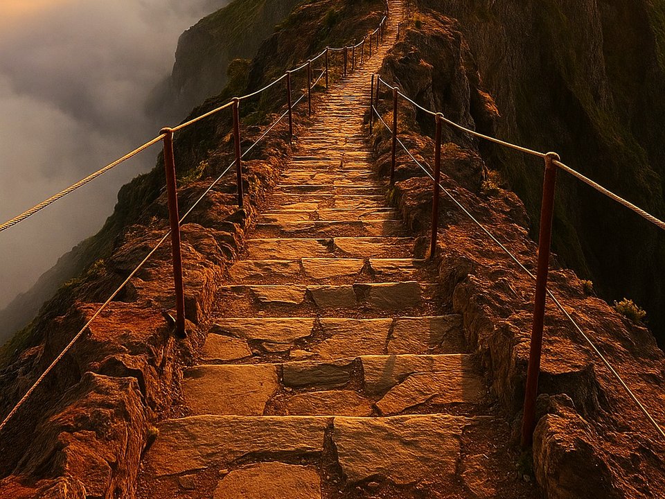 High mountain trail cut into sheer volcanic rock faces near Miradouro da Pedra Rija