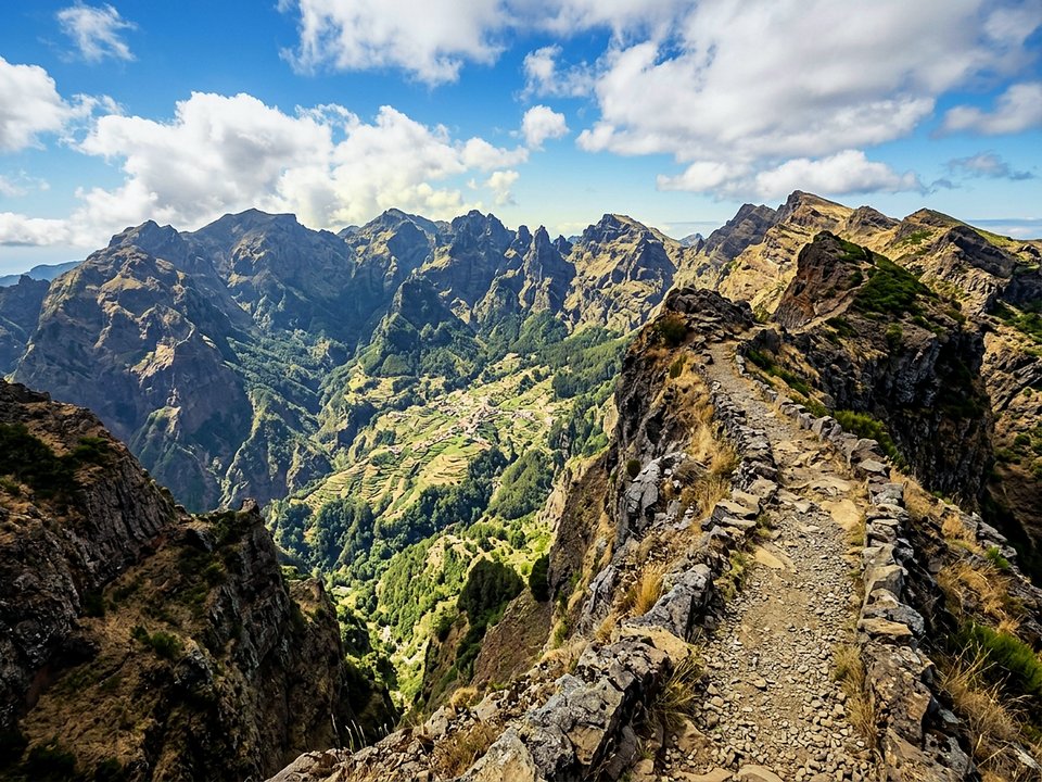 Expansive view across the volcanic caldera of Curral das Freiras from the ridge of Pico Grande