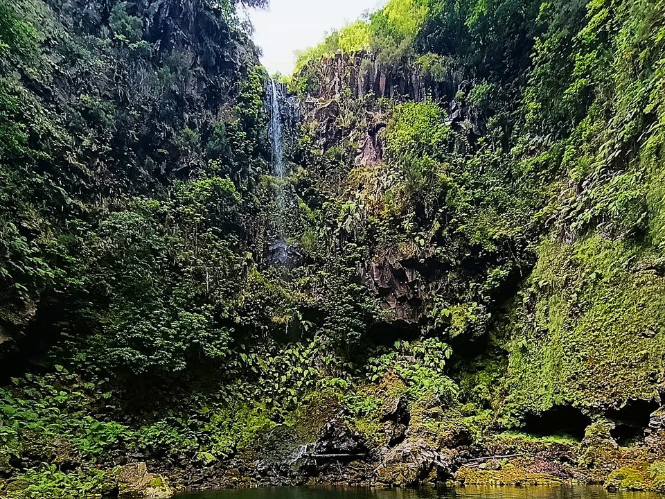 Hidden mountain cascade pouring into the natural volcanic basin of Poço do Candeeiro