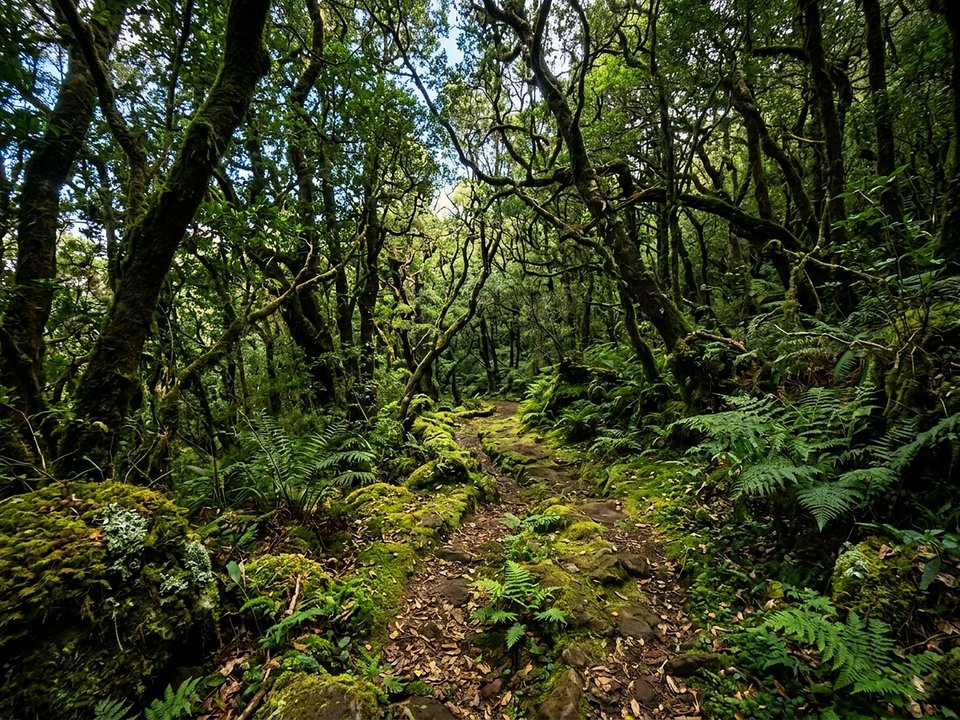 Deep Laurissilva forest corridor and ancient tree heath on PR 2 Vereda do Urzal