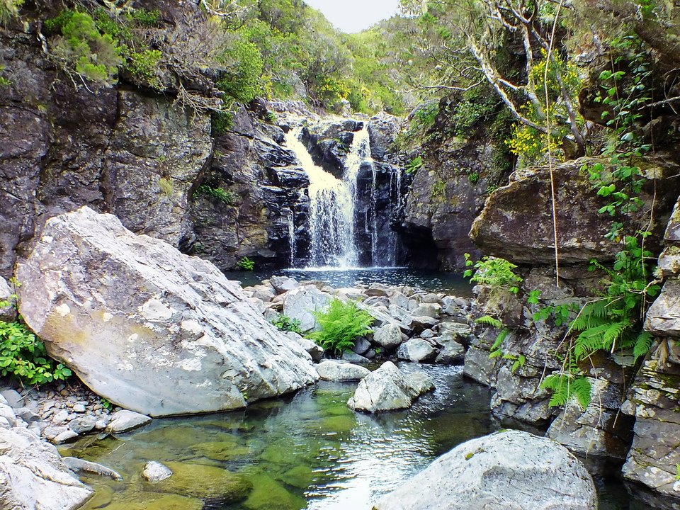 Upper cascade and rocky gorge of Ribeira do Lajeado at the Levada do Alecrim water intake (1304 m)