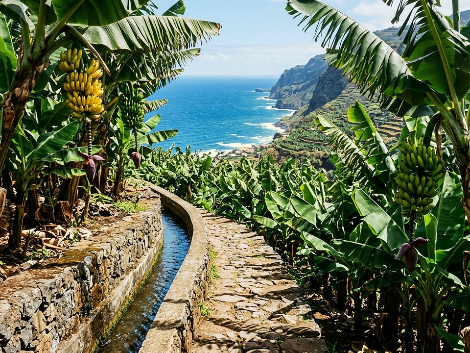 Stone path winding through lush subtropical banana groves with Atlantic ocean horizon in Madalena do Mar