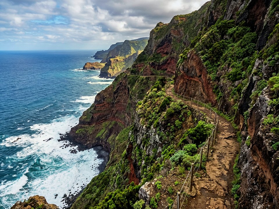 Precipitous sea cliff trail threading 350 meters above crashing ocean breakers at Boca do Risco