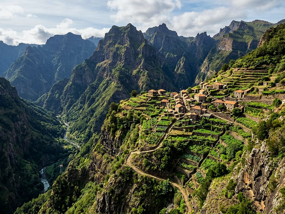 Mountain hamlet of Eira do Mourão situated on a dramatic spur high above the Ribeira Brava gorge