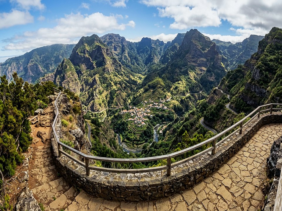 Panoramic view from Eira do Serrado overlooking the volcanic crater bowl of Curral das Freiras