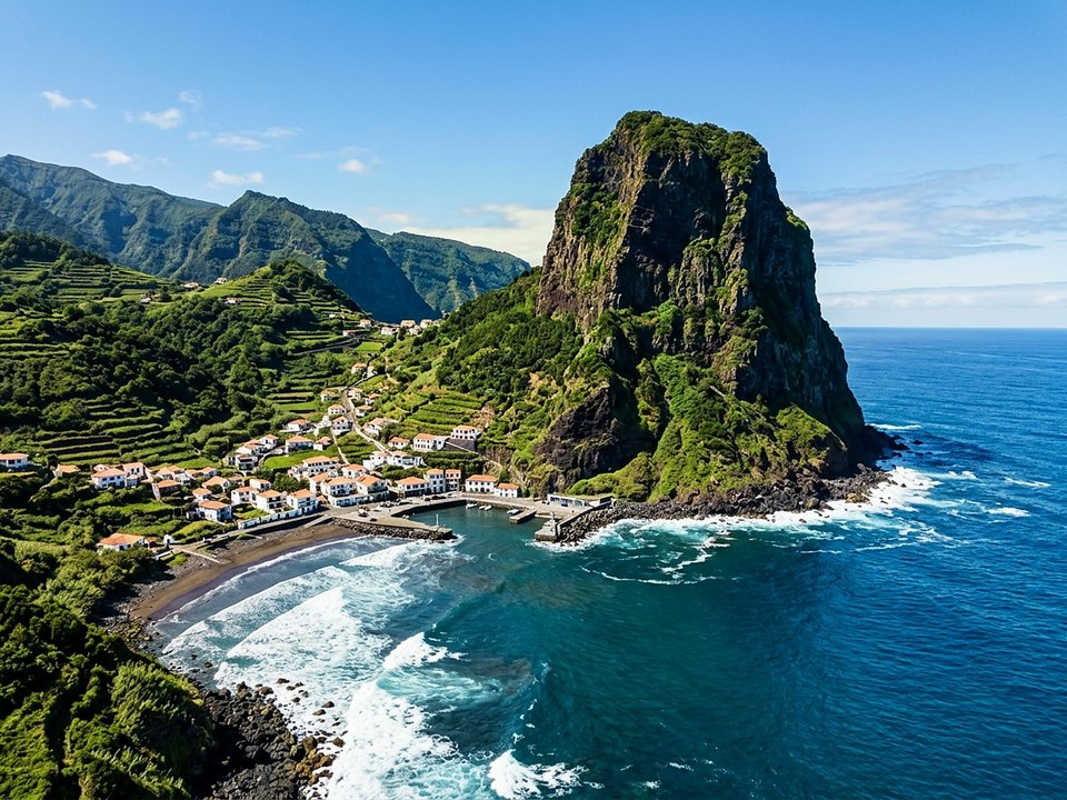 Majestic sea cliffs and basalt ramparts of Penha d'Águia rising above Porto da Cruz