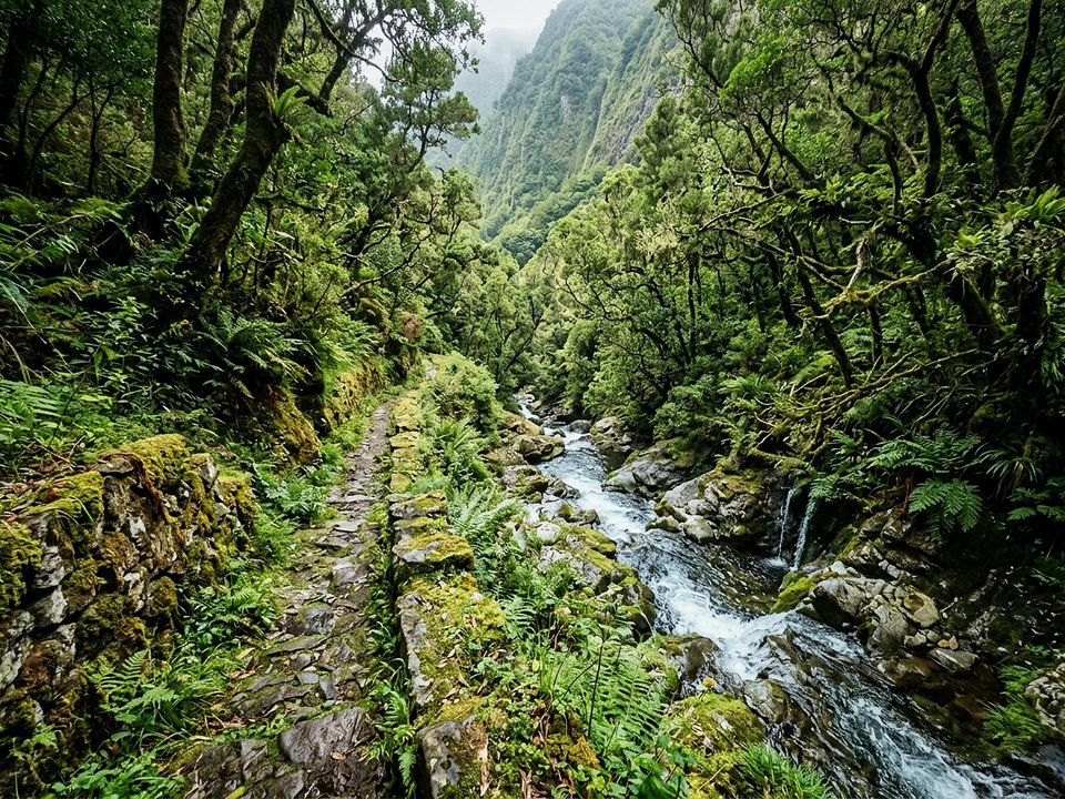 Mossy stone trail descending through tranquil laurel forest along the Ribeira Funda brook