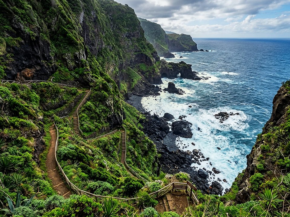 Steep cliffside switchbacks etched into sheer coastal bluffs leading to Terra Chã