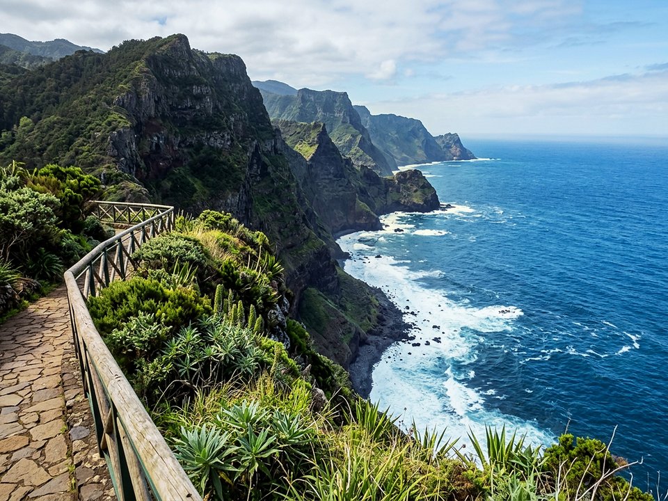 High ocean lookout over dramatic coastal headlands and churning surf at Ponta da Vigia