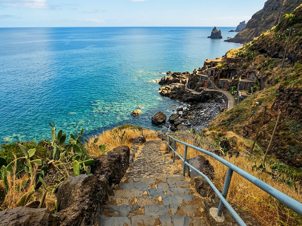 Unique fisherman cave dwellings carved into volcanic tuff cliffs at Calhau da Lapa