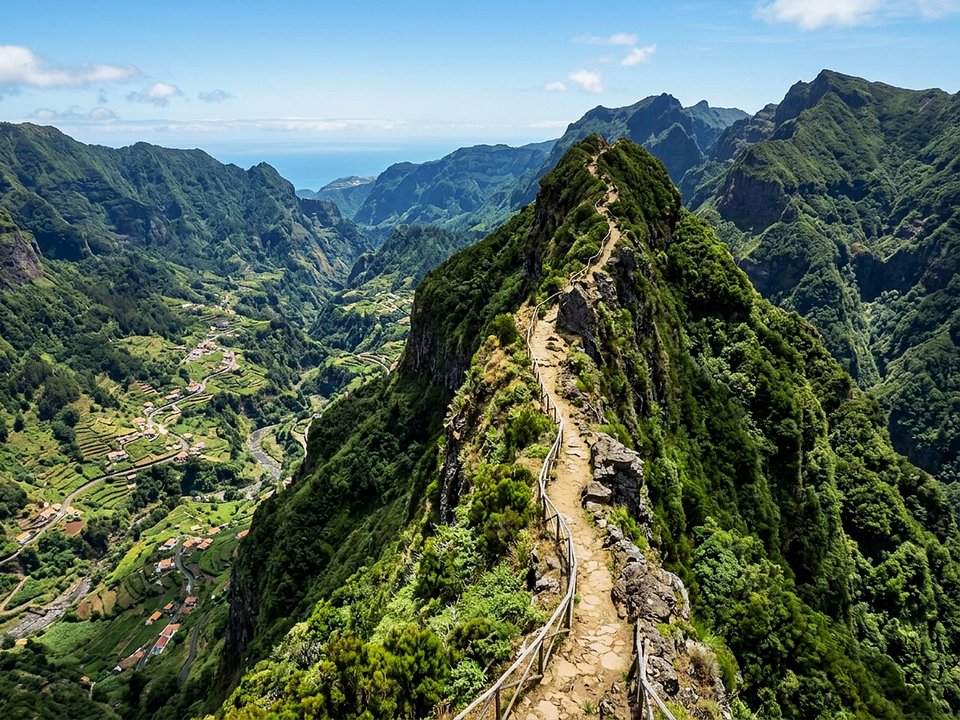 Exposed narrow mountain spine trail flanked by sheer ravines above Serra de Água