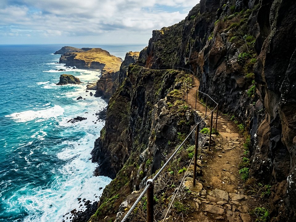 Famous narrow coastal ledge path carved into the 300-meter basalt precipice of Larano