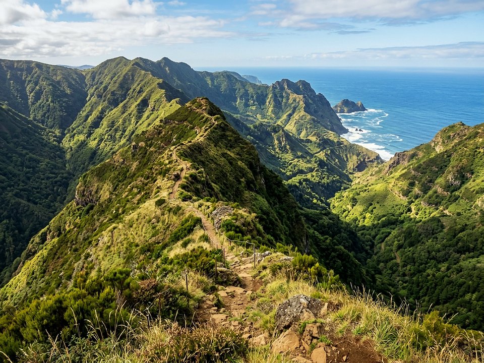Sweeping grassy ridge path overlooking the green northern coastal valleys toward Ponta Delgada
