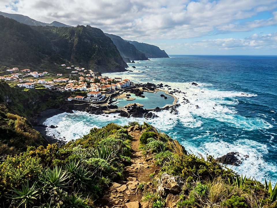 Elevated summit perspective over the volcanic natural pools and Atlantic coast of Porto Moniz