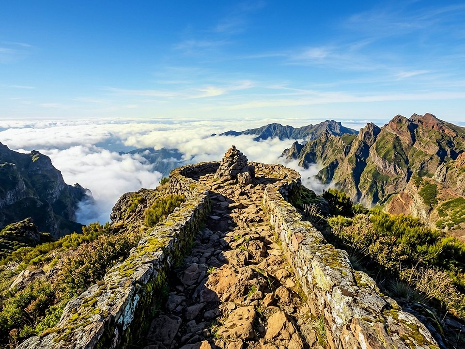Rocky path traversing the wind-swept moorlands of Paul da Serra toward Pico Ruivo do Paul