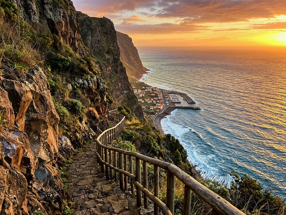 Dramatic stone staircase descending sheer sea cliffs with sunset ocean panoramas near Paul do Mar